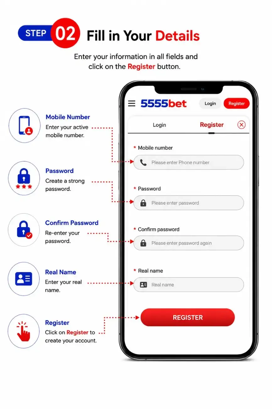 5555Bet registration form showing mobile number, password, confirm password, and real name fields required to create a new account.