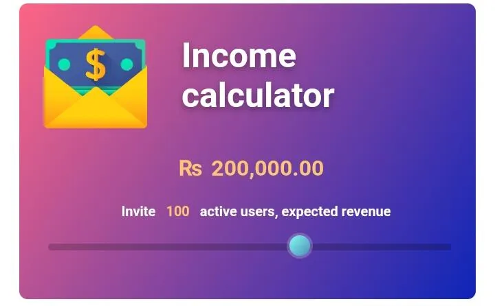 5555bet referral income calculator showing Rs 200,000 earning by inviting 100 active users in Pakistan