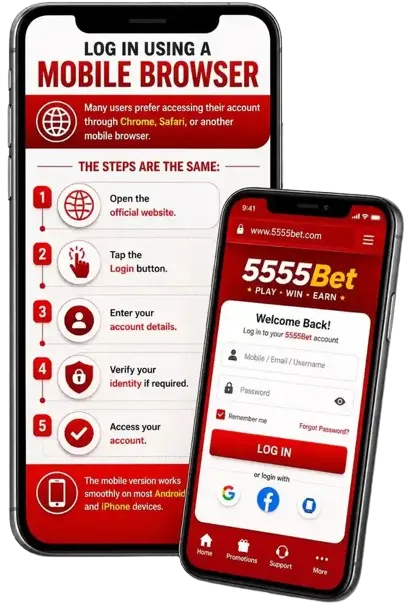 555Bet mobile browser login guide showing how to access an account through Chrome, Safari, or another mobile browser on Android and iPhone devices.